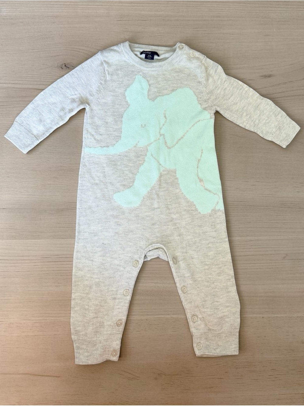 GAP Cream Knit One-Piece with Mint Elephant 6-9 months sweater onesie